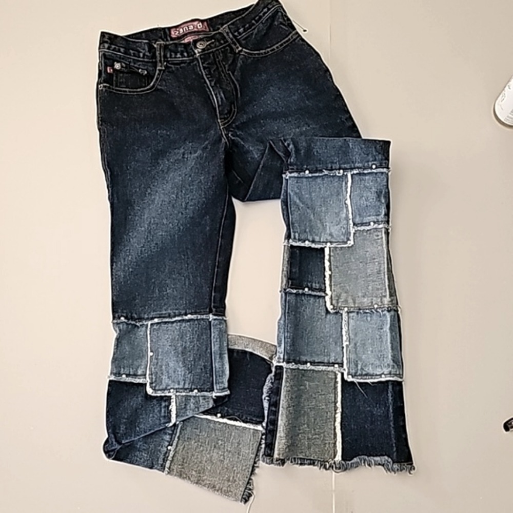 Zana-Di Patchwork Studded Jeans Womens 3 Blue Dark Wash Frayed Hem Y2K Vintage